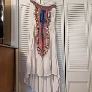 Strapless bohemian print high-low dress